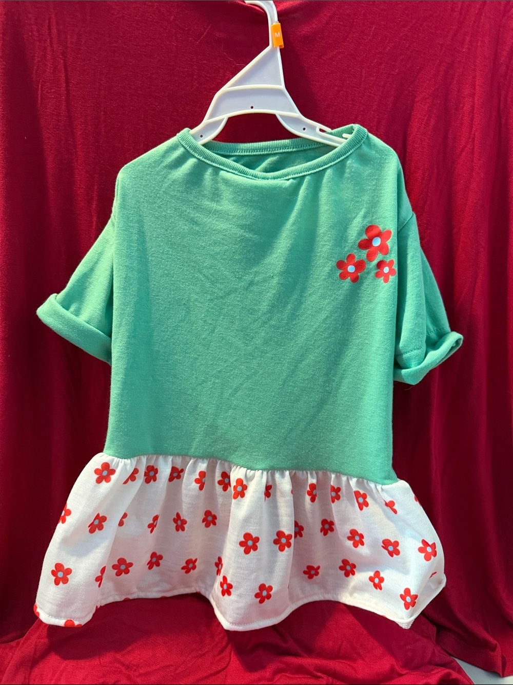Mint Green Floral dog dress with Red Flower Accents